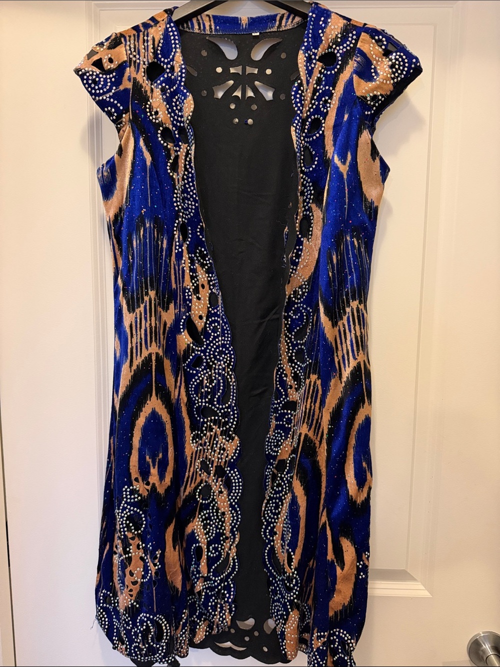 Blue and Tan Embellished Open-Front Duster